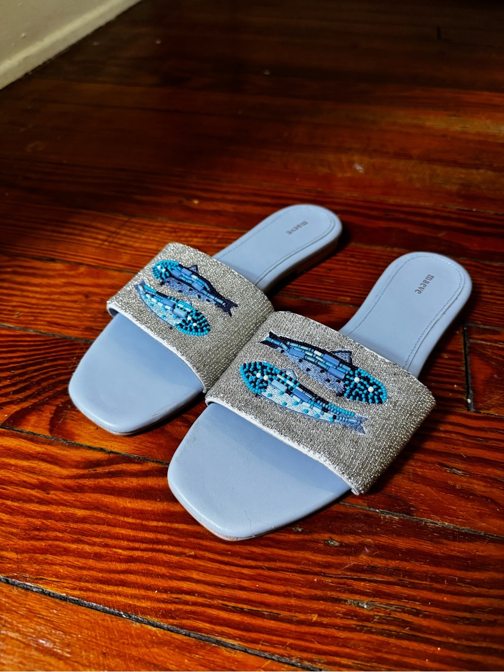 Maeve Silver-Beaded Slide Sandals with Light Blue Footbed